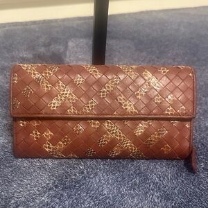 Bottega Veneta Dark Mahogany Woven Leather Wallet with Snake Print